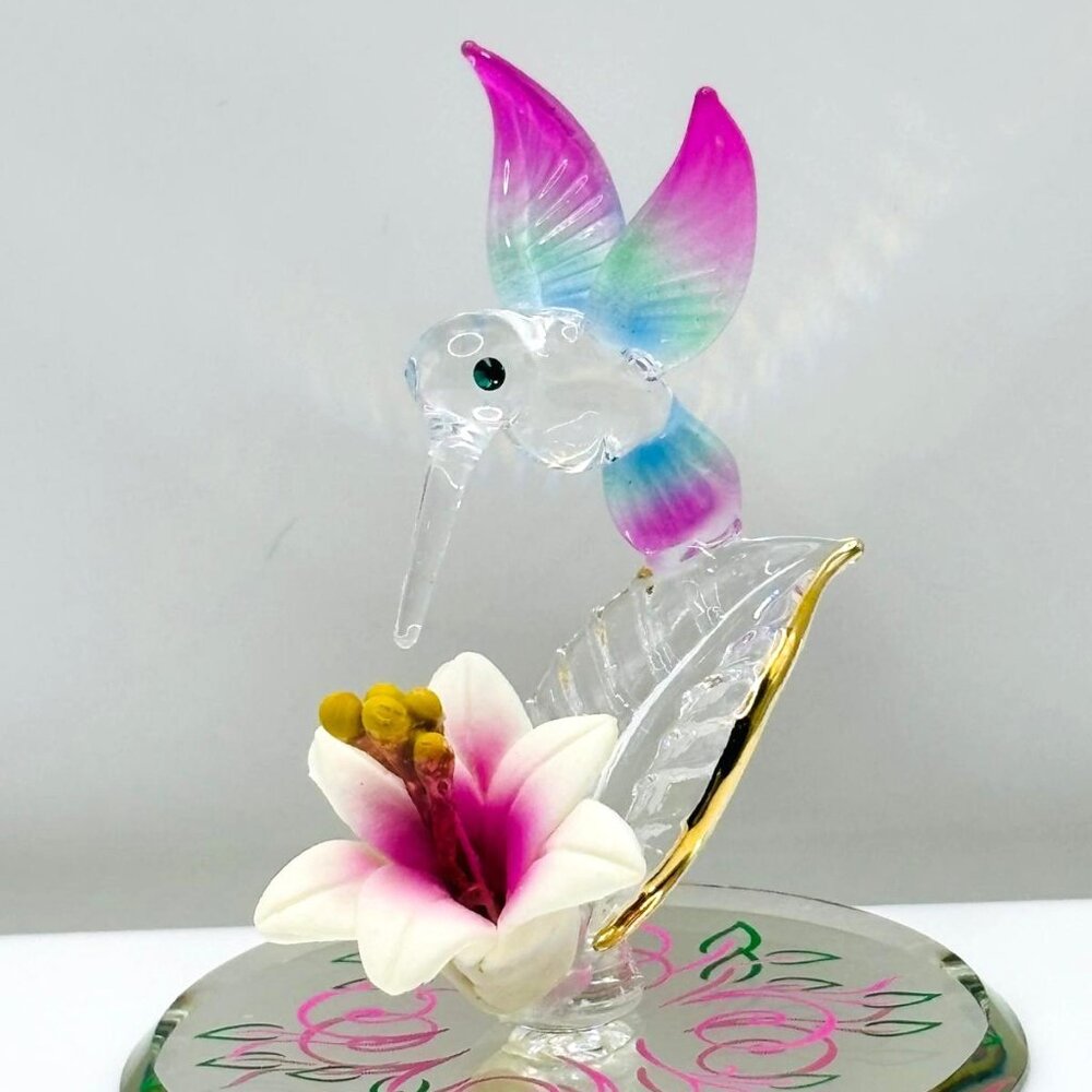 Hummingbird Figurine Glass Bird Miniature Lily Flower Mom Gift Collectible Decor
